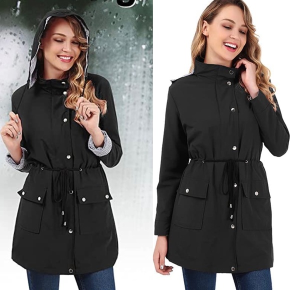 Rain Jacket Women Windbreaker Striped Waterproof Lightweight Hooded Trench Coat - Picture 5 of 5
